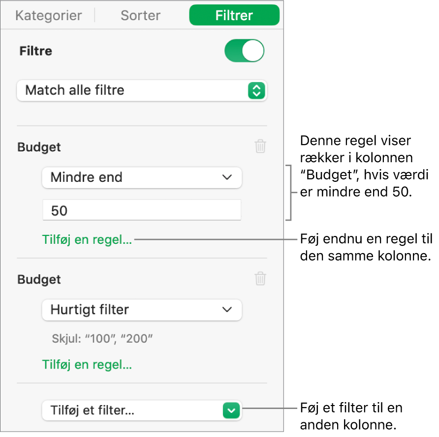 Betjeningsmuligheder til oprettelse af filtreringsregler.