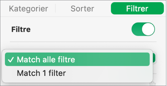 Lokalmenuen, hvor du kan vælge mellem at vise rækker, der opfylder alle filtre eller nogle af dem.