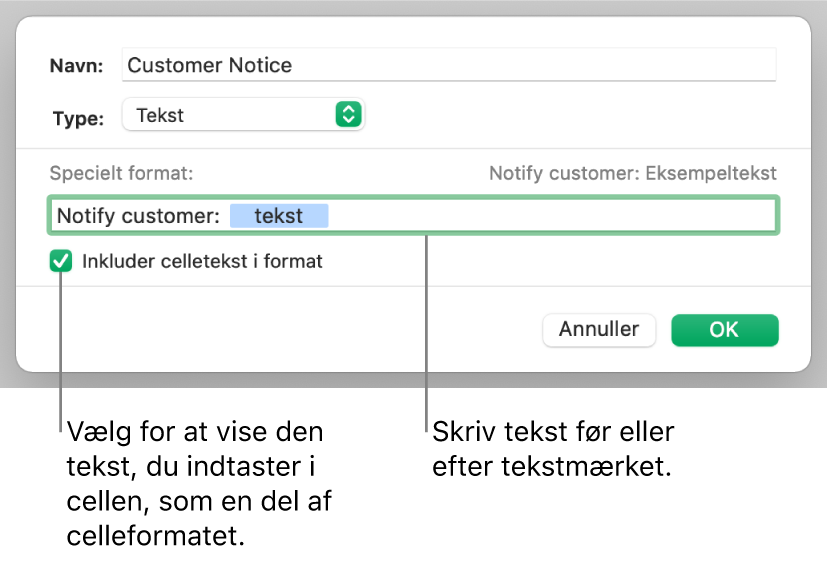 Specielt format til tekstceller.