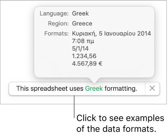 The notification of the different language and region settings, showing examples of formatting for that language and region.