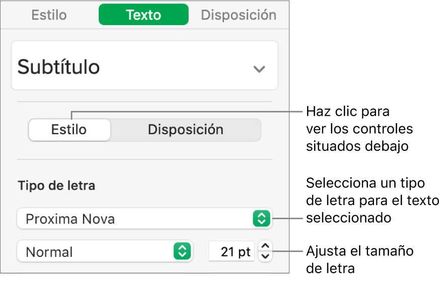 Controles de texto de la sección Estilo de la barra lateral Formato para ajustar el tamaño y el tipo de letra.
