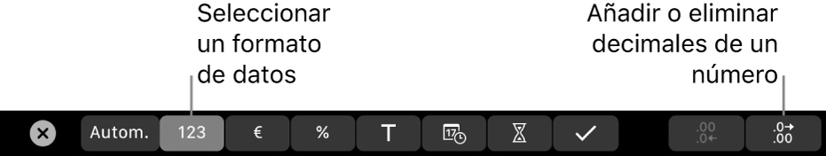 La Touch Bar del MacBook Pro con controles para seleccionar un formato de datos y añadir o eliminar decimales de un número.