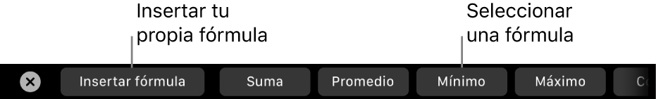 La Touch Bar del MacBook Pro con controles para insertar tu propia fórmula y elegir una fórmula usada habitualmente.