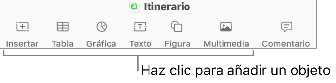 La ventana de Numbers con llamadas a los botones de objeto de la barra de herramientas.