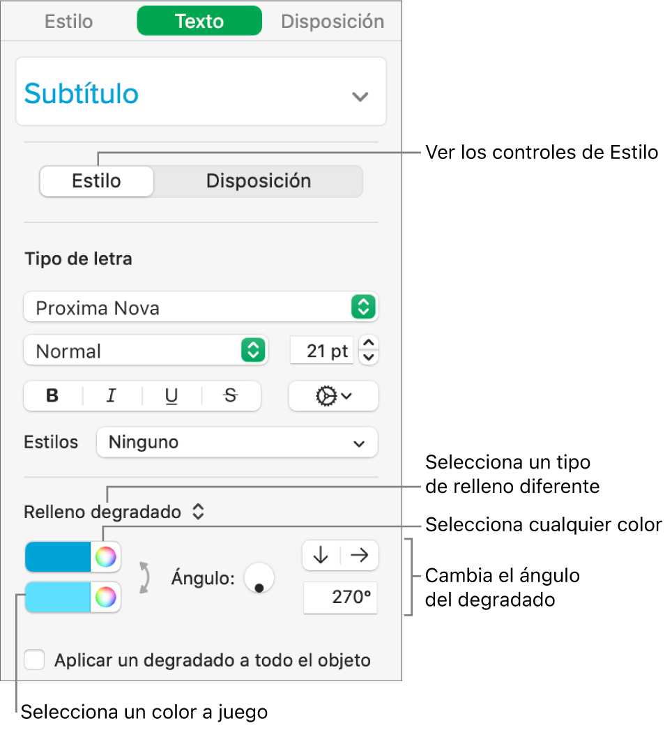 Barra lateral de texto en la que se muestra cómo cambiar el color del texto.