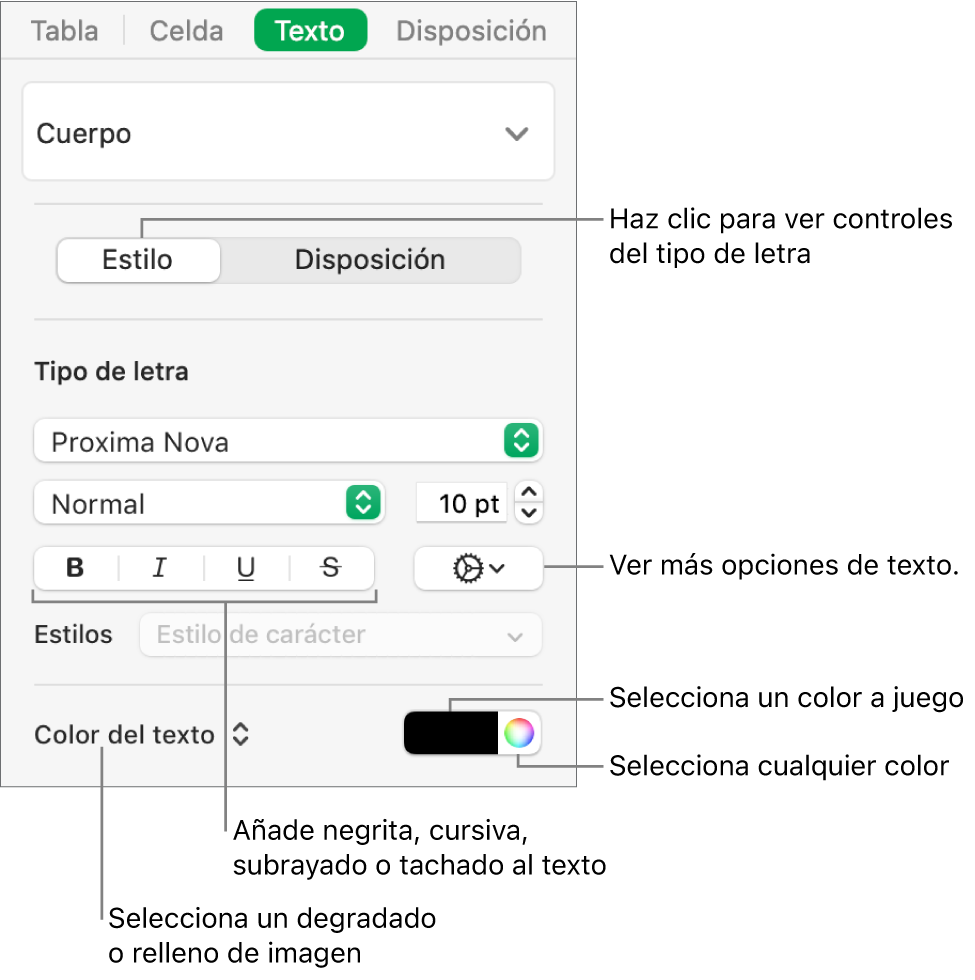 Los controles para aplicar un estilo a texto de la tabla.