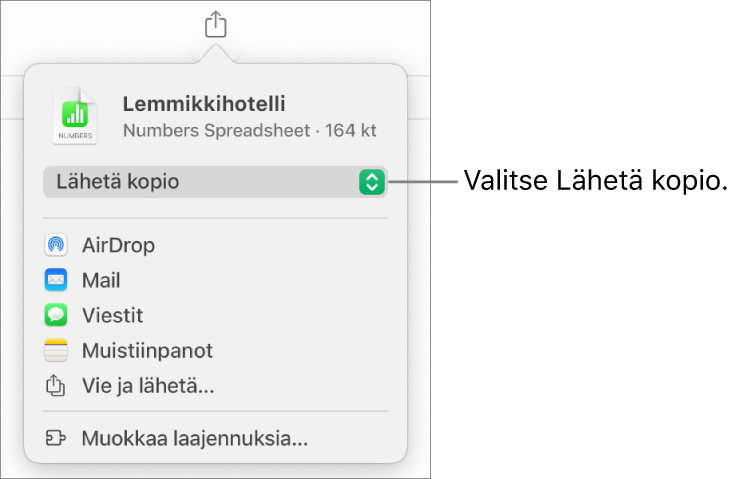Jaa-valikko, jossa on ylhäällä valittuna Lähetä kopio.