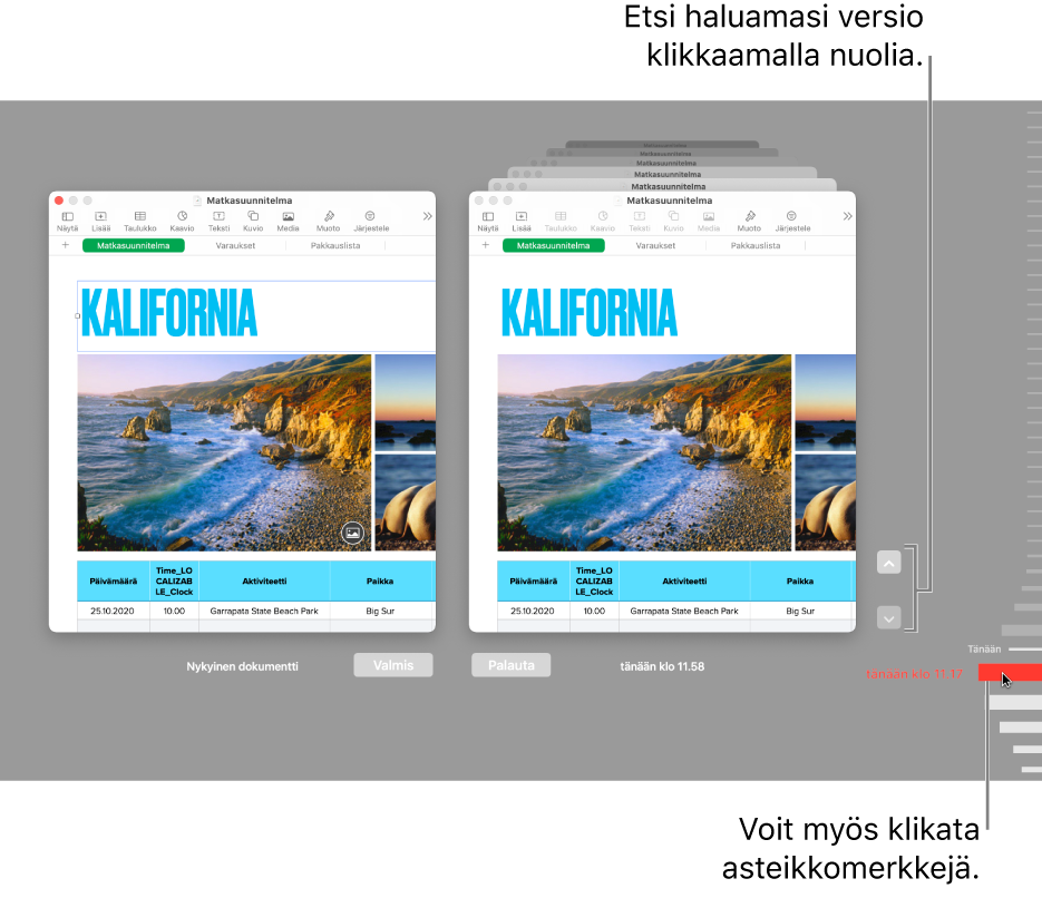 Palautusikkuna, jossa on näkyvillä selattavat versiot.
