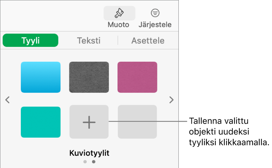 Muoto-sivupalkin Tyyli-välilehti, jossa on neljä kuvatyyliä, Luo tyyli -painike ja tyhjä tyylin paikanvaraaja.