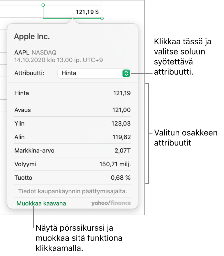 Osakkeen attribuuttitietojen syöttämisen valintaikkuna, jossa osakkeeksi on valittu Apple.
