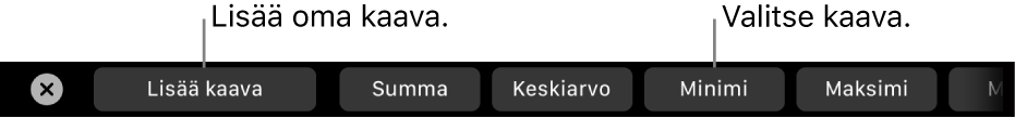 MacBook Pron Touch Bar, jossa on säätimet oman kaavan lisäämiseen ja yleisesti käytetyn kaavan valitsemiseen.