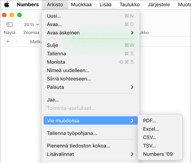 Avattu Arkisto-valikko, jossa on Vie muodossa ‑vaihtoehto valittuna ja jonka alavalikossa näkyvät PDF-, Excel-, CSV- ja Numbers ’09 ‑vientivalinnat.