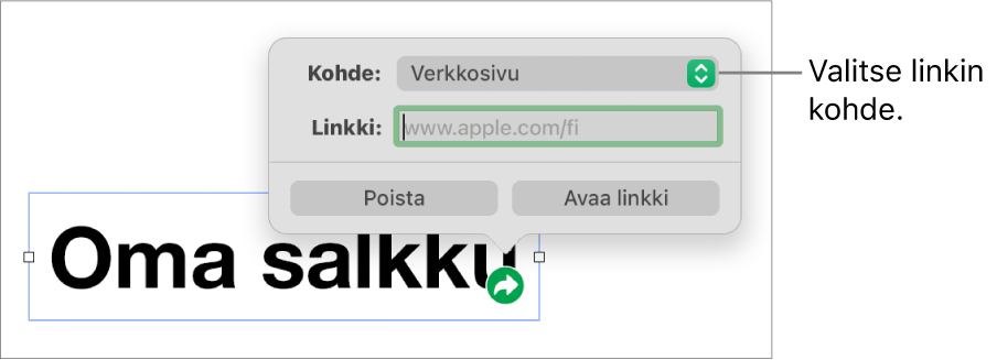 Linkin muokkausikkunan säätimet, joissa on valittuna Verkkosivu ja alhaalla ovat painikkeet Poista ja Avaa linkki.