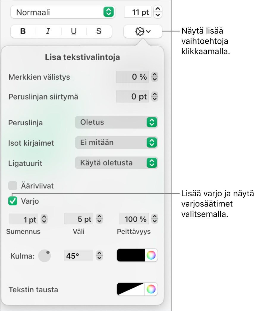Avoinna on Lisää tekstivalintoja -valikko, jossa on valittuna Varjot-valintaneliö sekä sumennuksen, välin, peittävyyden, kulman ja värin asetukset.