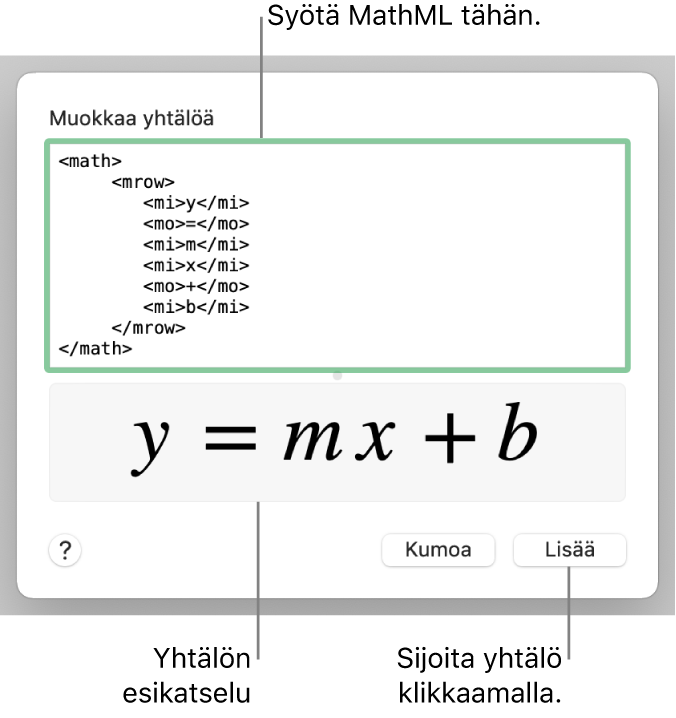 Muokkaa yhtälöä -kentässä on suoran kulmakertoimen yhtälö ja alla kaavan esikatselu.