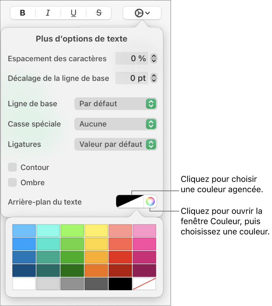 Commandes de sélection de remplissage de caractères.