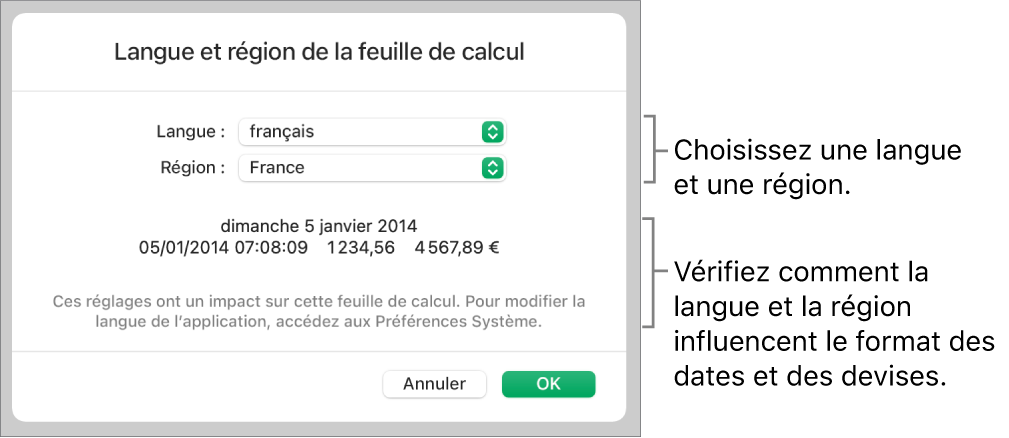 Sous-fenêtre Langue et région avec les commandes pour la langue et la région, et un exemple du format qui comprend la date, l’heure, les décimales et la devise.