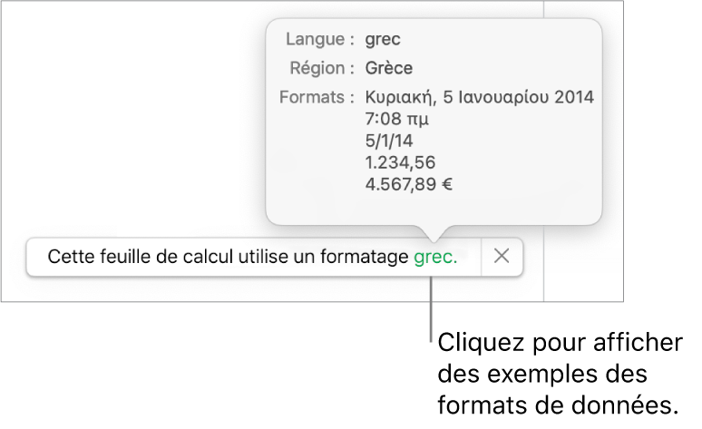 La notification du réglage de langue et de région différent affichant des exemples de la mise en forme correspondant à cette langue et à cette région.