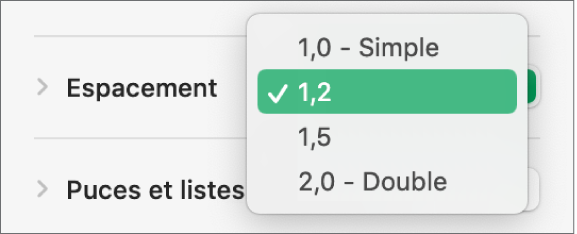 Le menu contextuel Espacement, avec les options Simple, Double et d’autres.