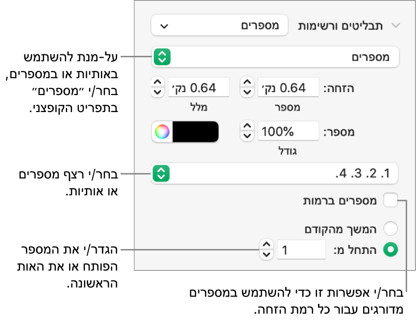 כלי בקרה לשינוי סגנון המספרים והמרווחים ברשימה.