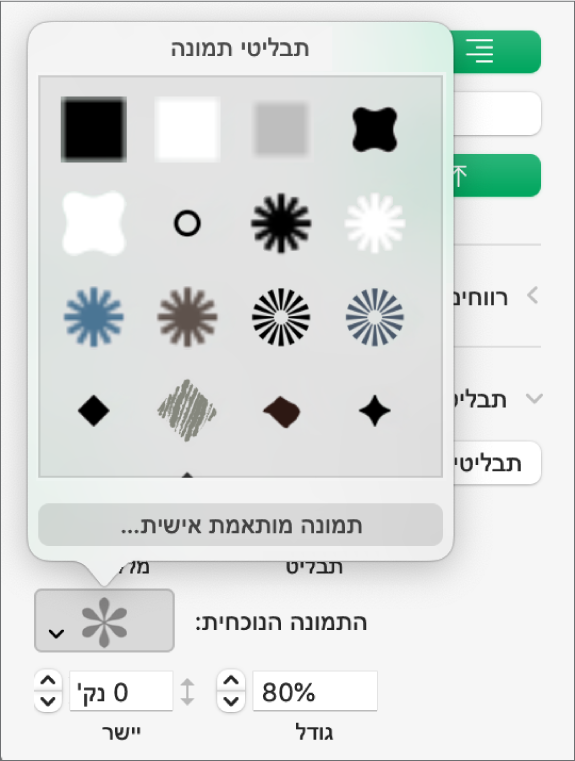 התפריט הקופצני ״כדורי תמונה״.