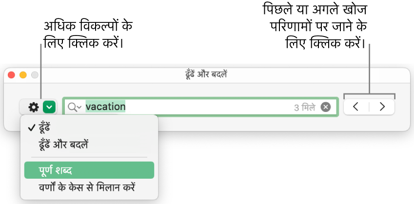 “ढूँढें और बदलें” विंडो जिसमें पॉप-अप मेनू “ढूँढें”, “ढूँढें और बदलें” “पूरे शब्द” और “मैच केस” के लिए विकल्प दिखा रहा है। दाईं ओर के तीर आपको अगले और पिछले खोज परिणाम पर जाने की सुविधा उपलब्ध कराता है।