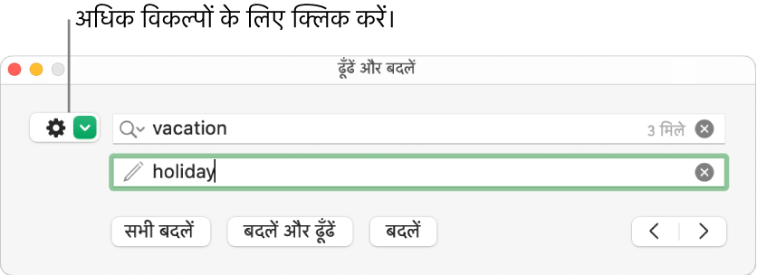 अधिक विकल्पों को दिखाने के लिए बटन पर कॉलआउट के साथ “ढूँढें और बदलें” विंडो।