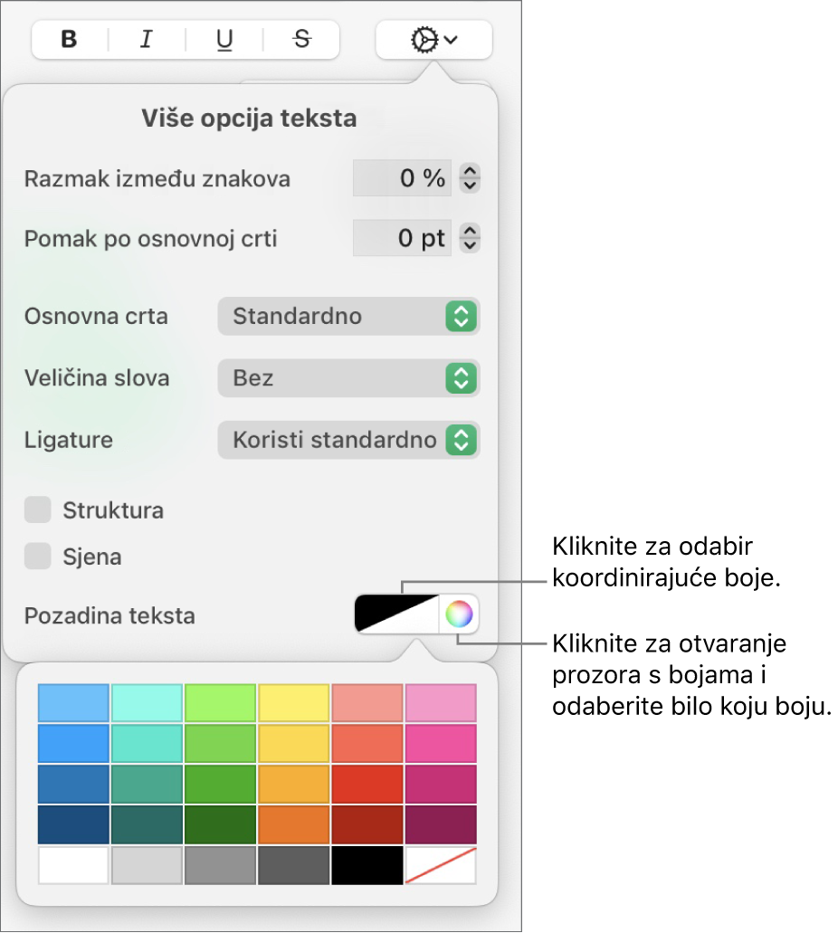 Kontrole za odabir boje ispune znakova.