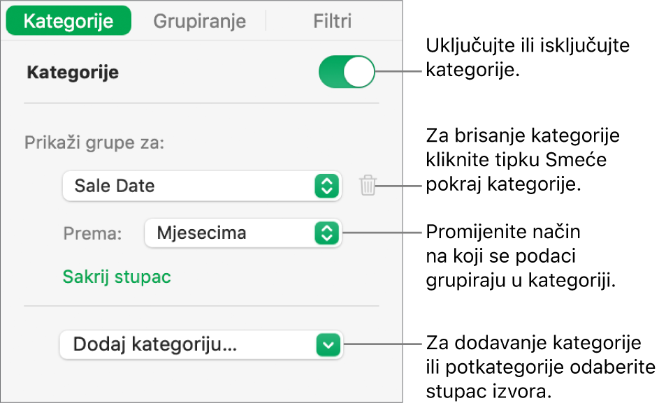 Rubni stupac kategorija s opcijama za isključivanje kategorija, brisanje kategorija, regrupiranje podataka, skrivanje izvorišnog stupca i dodavanje kategorija.