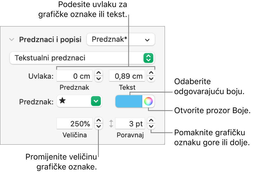 Odjeljak Grafičke oznake i popisi s balončićima za komande za uvlaku grafičke oznake i teksta, boju grafičke oznake, veličinu grafičke oznake i poravnanje.