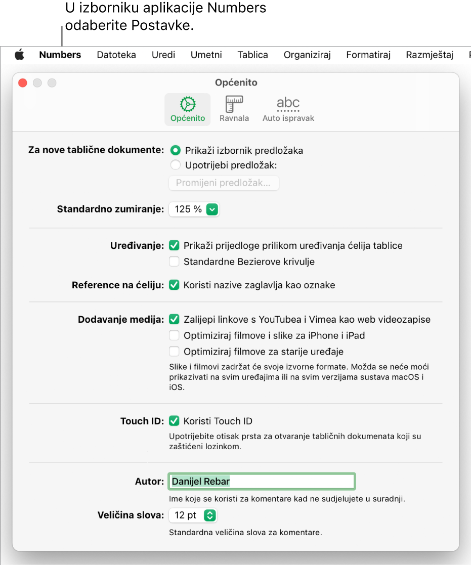 Prozor postavki aplikacije Numbers otvara se na prozor Općenito, s postavkama za nove tablične dokumente, zadano zumiranje, uređivanje, reference ćelije, nevidljive stavke, jednadžbe, dodavanje medija, Touch ID, ime autora i zadanu veličinu teksta.