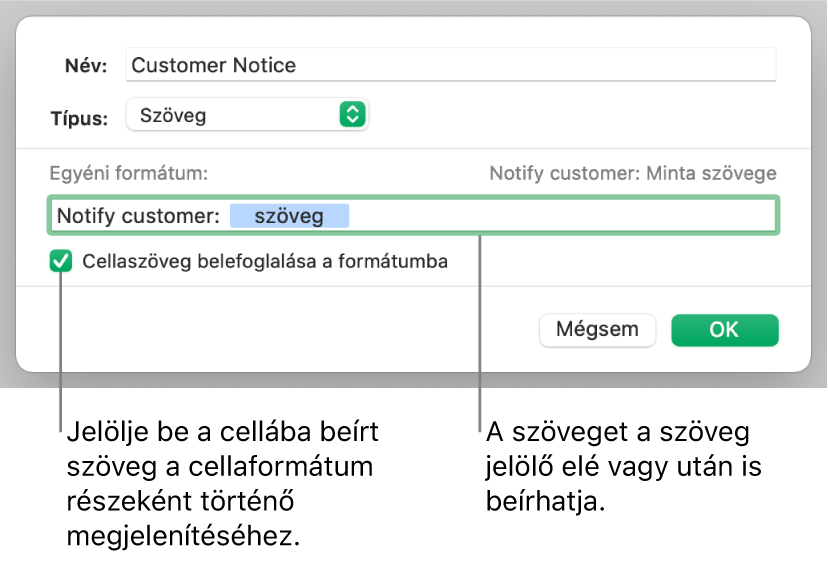 Egyéni szövegcella-formátum.