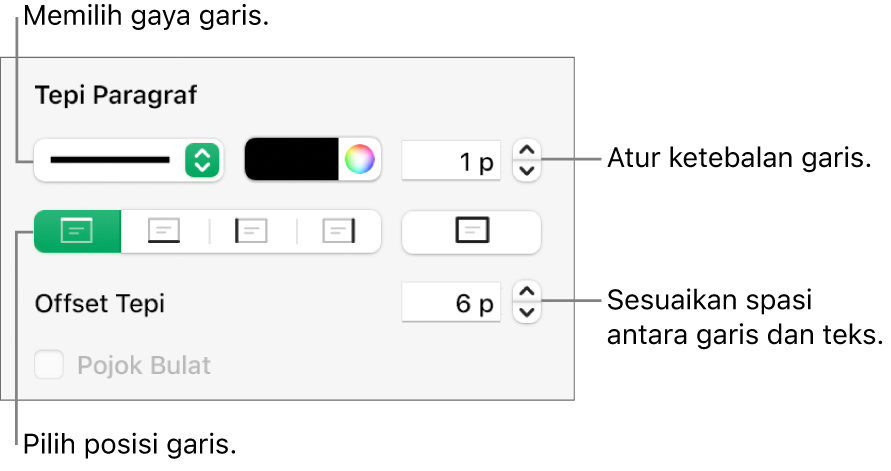 Kontrol untuk mengubah gaya, ketebalan, posisi, dan warna garis.