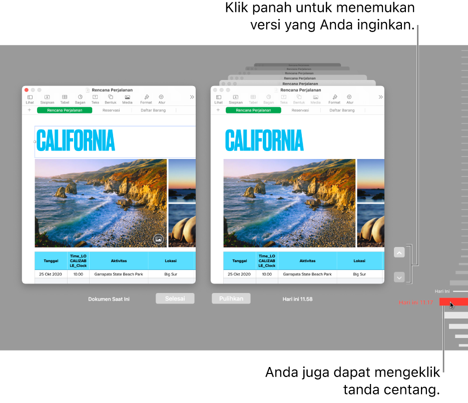 Jendela Kembalikan, menampilkan versi yang dapat Anda telusuri.