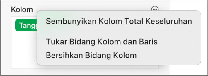 Menu Pilihan Bidang Lainnya, menampilkan kontrol untuk menyembunyikan total keseluruhan, menukar bidang kolom dan baris, dan membersihkan bidang.