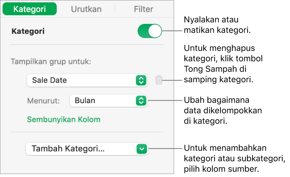 Bar samping kategori dengan pilihan untuk mematikan kategori, menghapus kategori, mengelompokkan ulang data, menyembunyikan kolom sumber, dan menambah kategori.