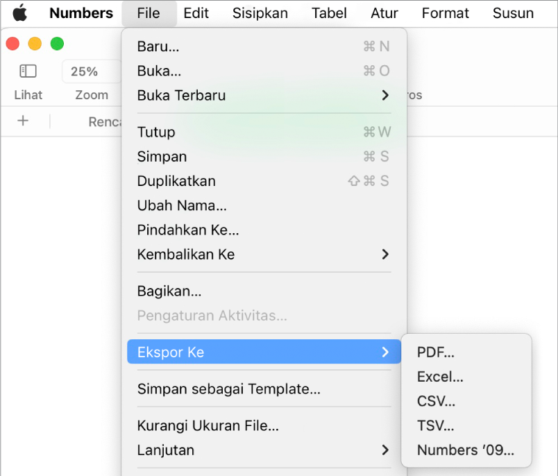 Menu File terbuka dengan Ekspor Ke dipilih, dengan submenu yang menampilkan pilihan ekspor untuk PDF, Excel, CSV, dan Numbers ’09.