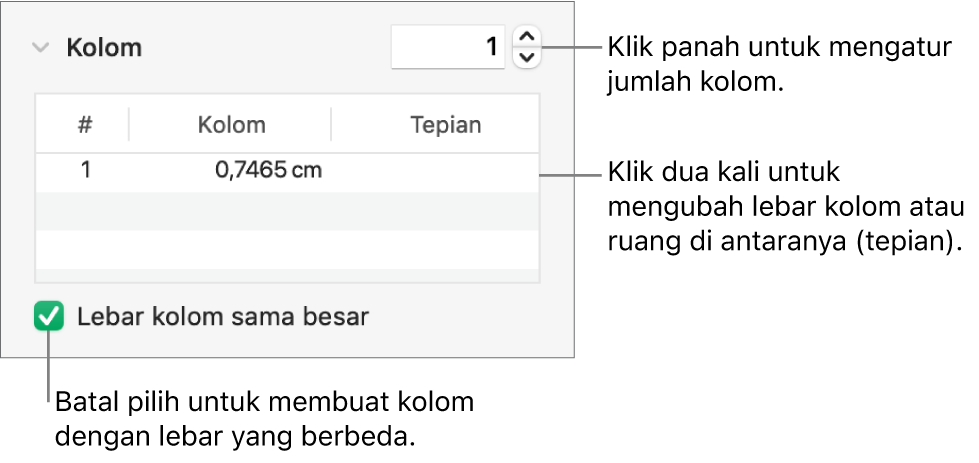 Kontrol di bagian kolom untuk mengubah jumlah kolom dan lebar setiap kolom.
