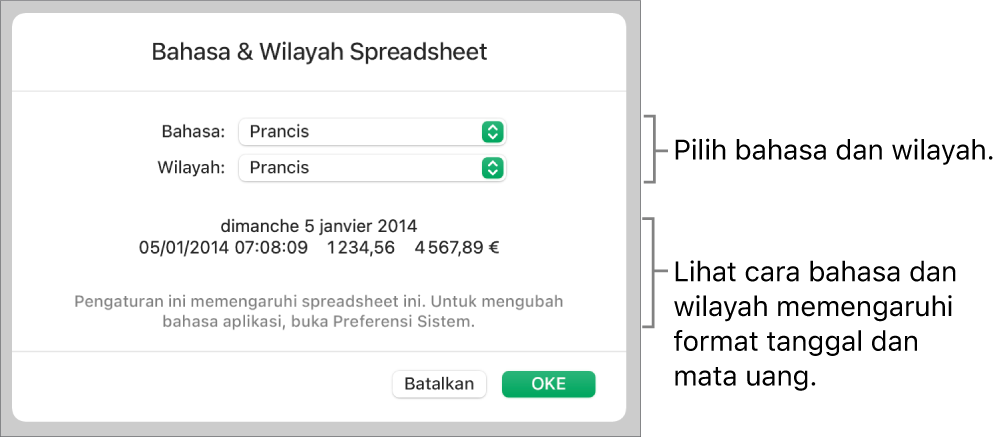 Panel Bahasa & Wilayah dengan kontrol untuk bahasa dan wilayah, serta contoh format termasuk tanggal, waktu, desimal, dan mata uang.