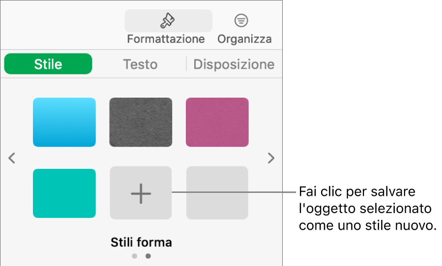 Pannello Stile della barra laterale Formattazione con quattro stili di immagine, un pulsante “Crea stile” e un segnaposto vuoto per gli stili.