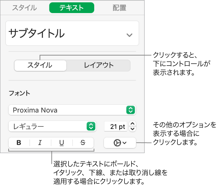 サイドバーの「スタイル」コントロール。「ボールド」、「イタリック」、「アンダーライン」、および「取り消し線」ボタンのコールアウトが表示された状態。