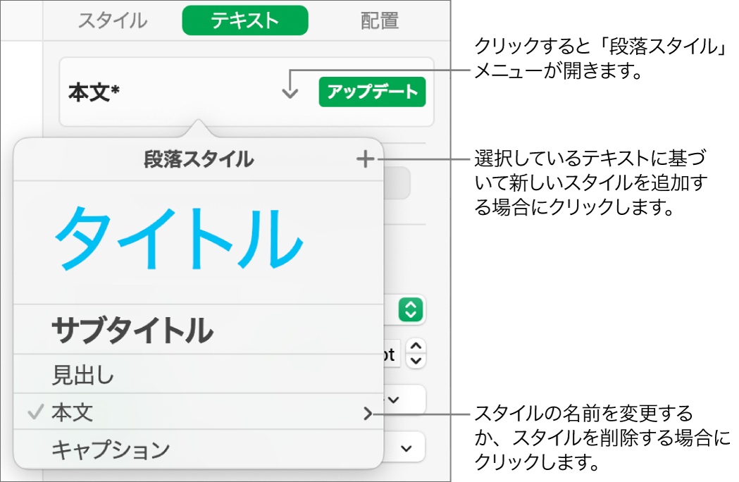 「段落スタイル」メニュー。スタイルを追加または変更するためのコントロールが表示された状態。