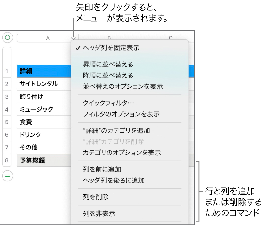 行や列を追加または削除するためのコマンドが表示された表の列のメニュー。
