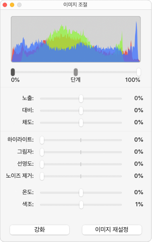 노출, 대비, 채도, 하이라이트, 그림자, 선명도, 노이즈 제거, 온도 및 색조 설정을 위한 슬라이더가 있는 이미지 조절 윈도우.