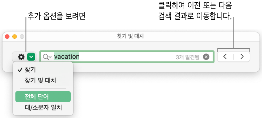 찾기, 찾기 및 대치, 전체 단어 및 대/소문자 일치 옵션을 보여주는 팝업 메뉴가 있는 찾기 및 대치 윈도우. 오른쪽의 화살표는 이전 또는 다음 검색 결과로 이동할 수 있게 해줍니다.