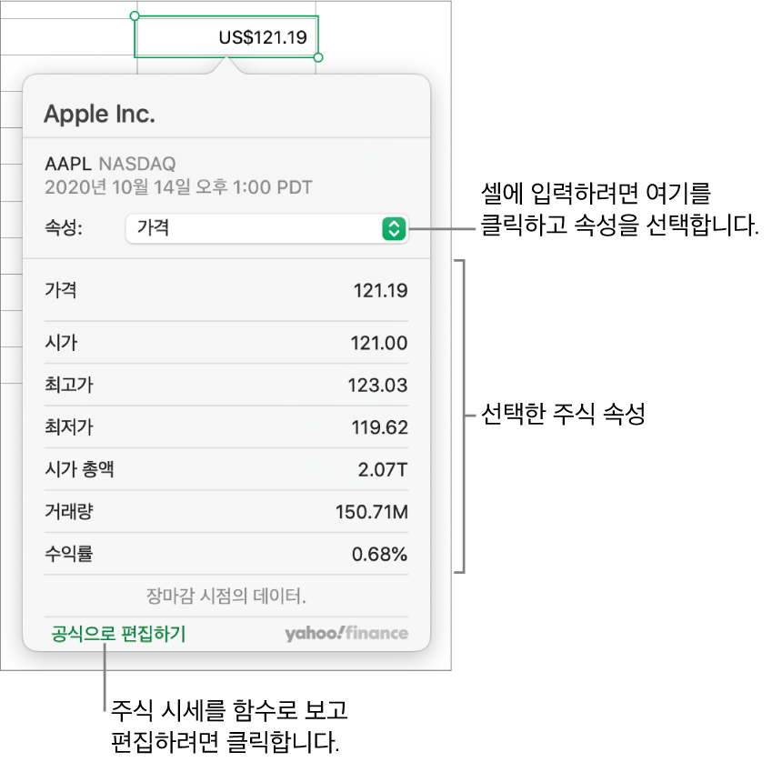 Apple이 주식으로 선택된 주식 속성 정보 입력을 위한 대화상자가 표시됨.
