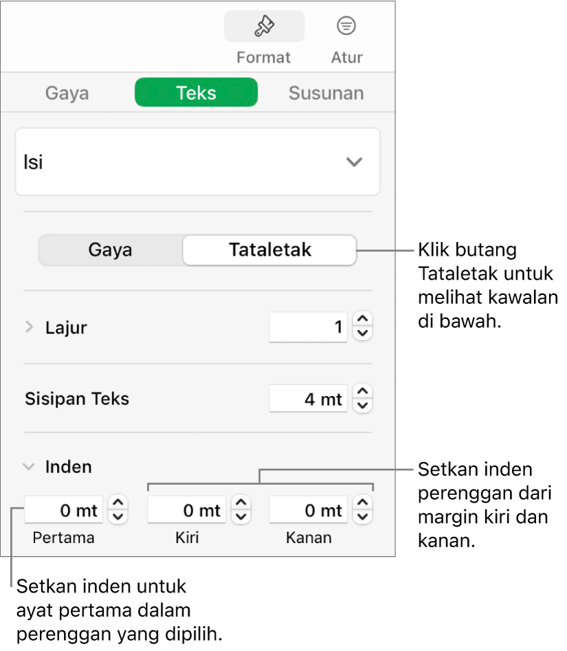 Bahagian Tataletak pada bar sisi Format menunjukkan kawalan untuk mengesetkan inden baris pertama dan margin perenggan.