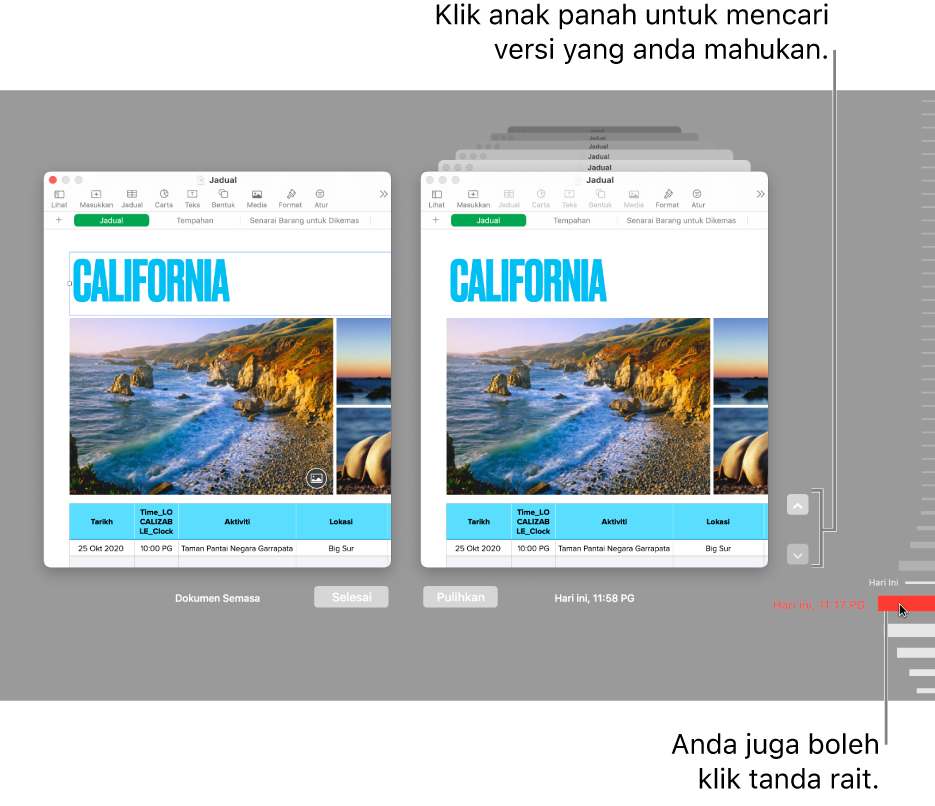 Tetingkap Kembali, menunjukkan versi yang anda boleh layari.