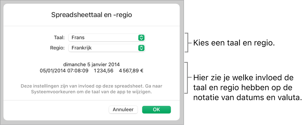 Paneel met regelaars voor de taal en regio en een voorbeeld van de notatie van datum, tijd, decimaalteken en valuta.