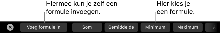De Touch Bar op een MacBook Pro met regelaars waarmee je zelf een formule kunt invoegen of een van de standaardformules kunt kiezen.